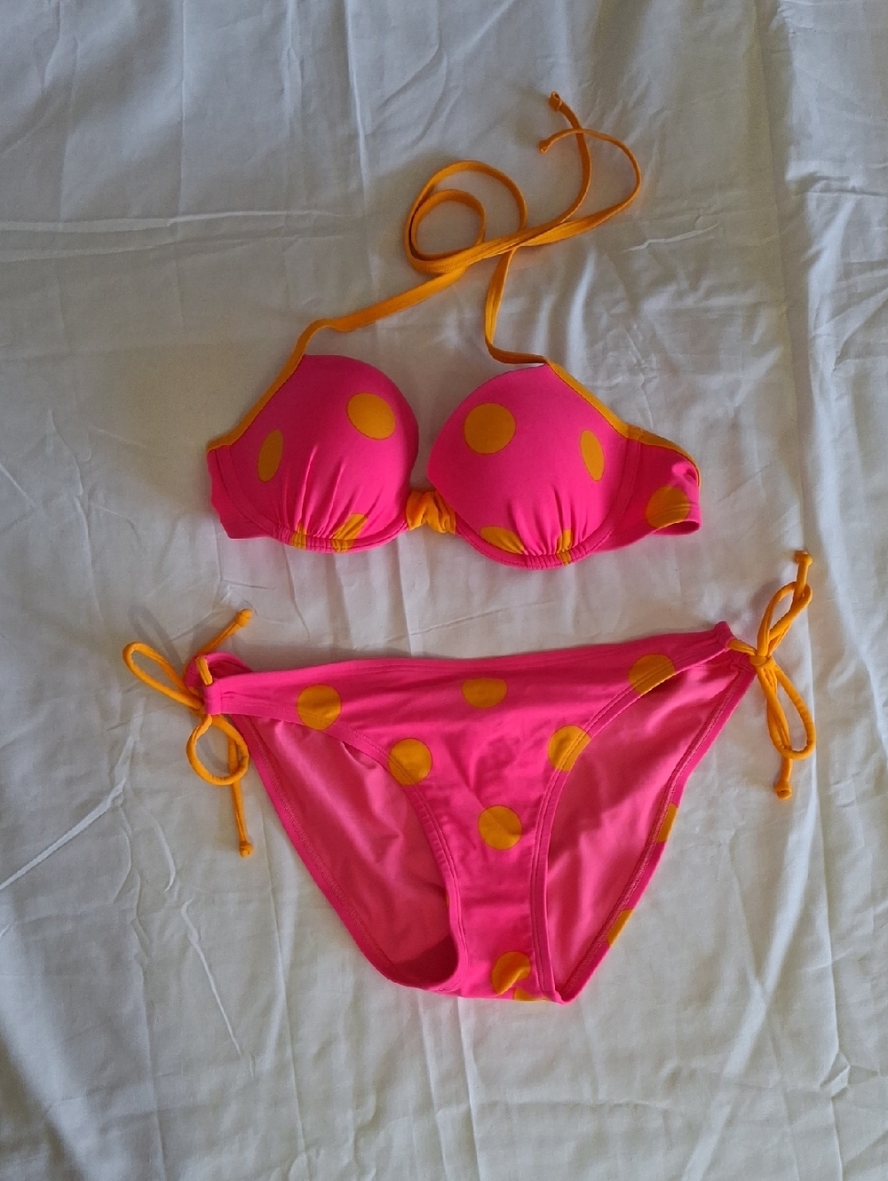 aerie Pink Bikini with Yellow Polka Dots and Tie Straps